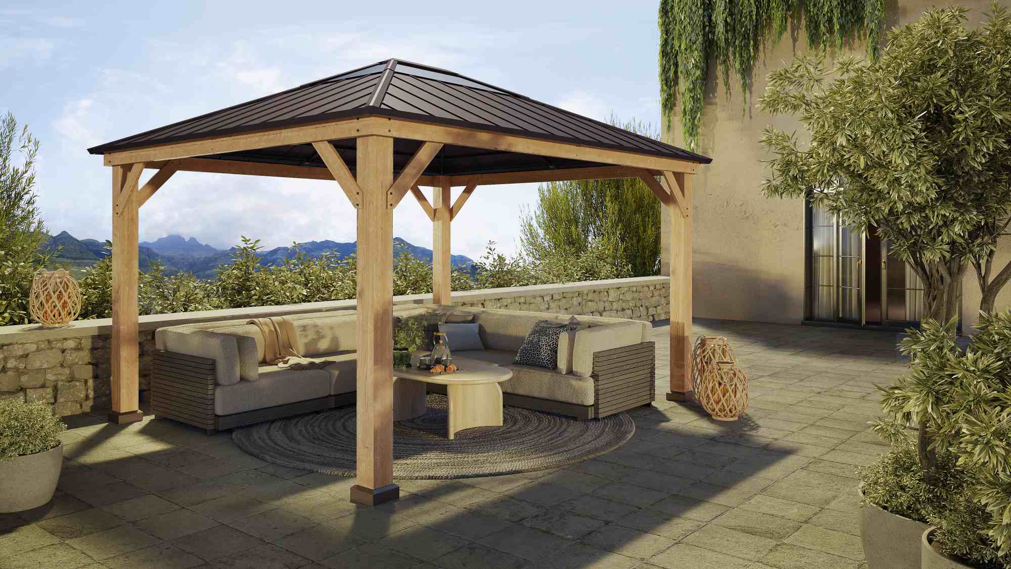 Rooftop wooden gazebo with comfortable seating area