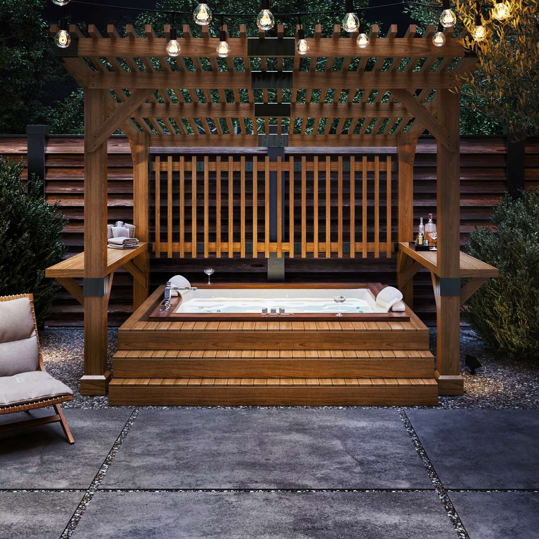 Wooden pergola with privacy protection and shelves