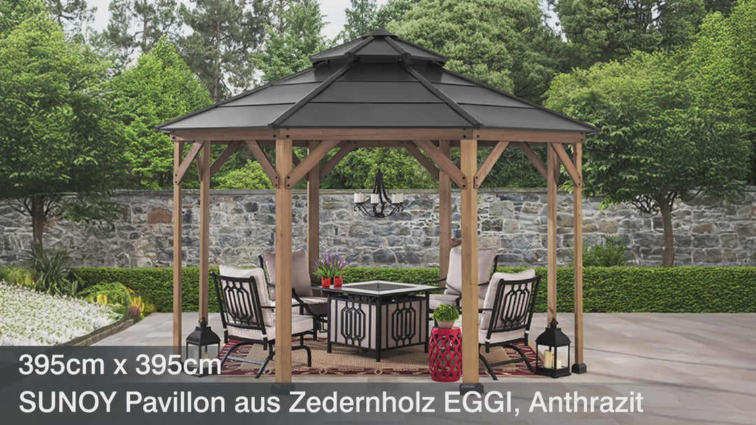 A102007903 Product Vedio: Zedernholz Gazebo EGGI - 395cm x 395cm