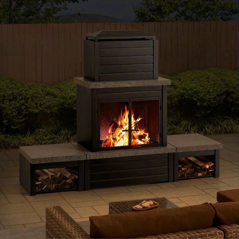 Matte‑Black Statement Flame for Your Terrace: Sunjoy VULTURE Steel Wood‑Burning Fireplace with Chimney, Log Holders & Tools
