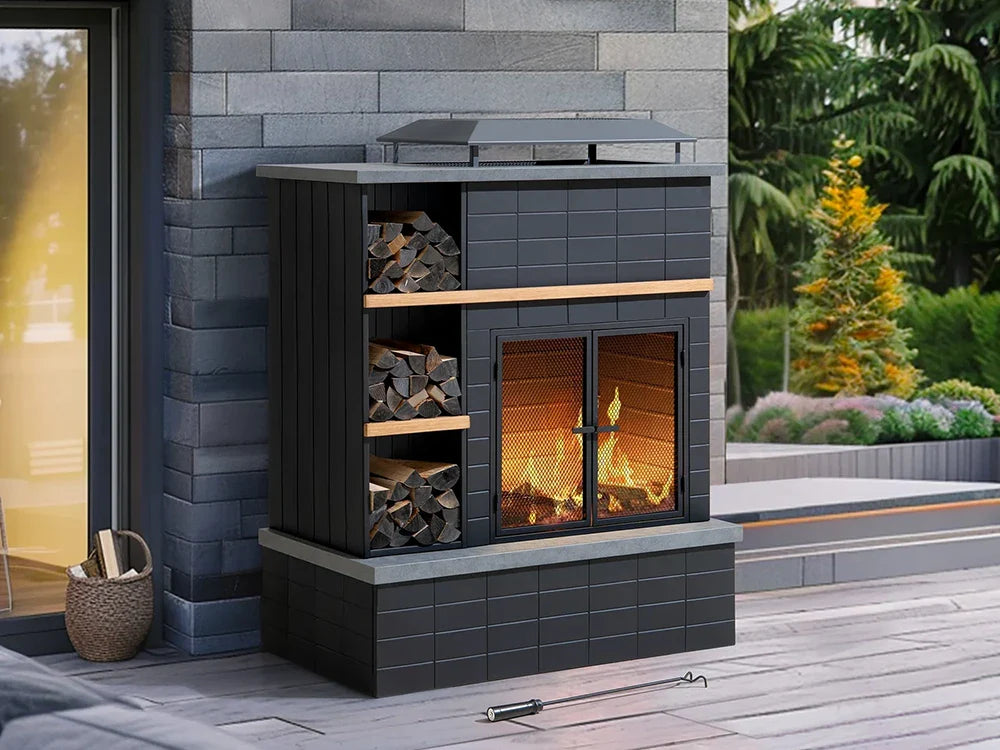 SUNJOY Outdoor Fireplace ETNA: Robust Steel, Chimney & 3‑Tier Log Storage for EU Terraces