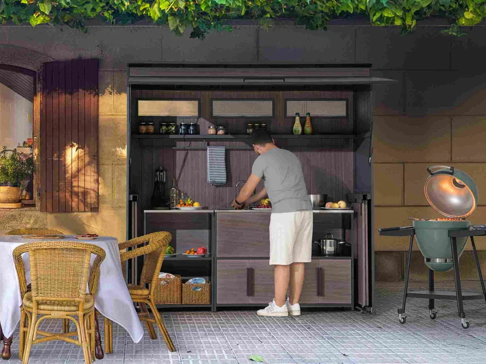 Wood-Grain Elegance for Small Patios: SUNJOY Fleetwood Outdoor Kitchen with Lift‑Up Door & Folding Sliding Doors