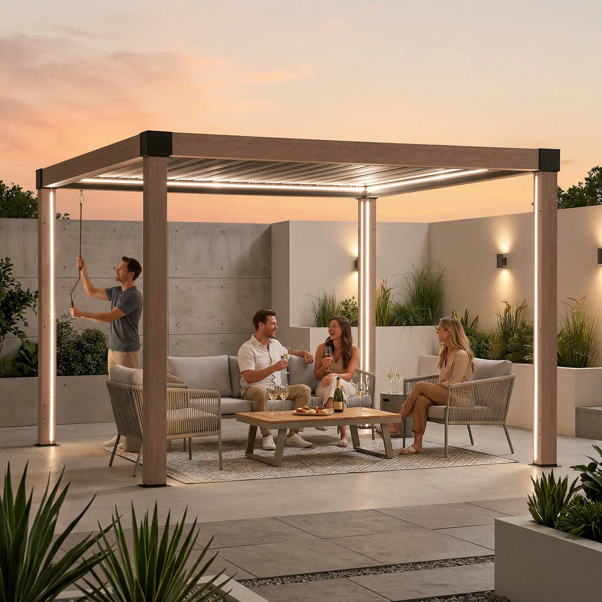 MATTERHORN Solar Light Louvered Pergola 306cm x 306cm - Woodgrain