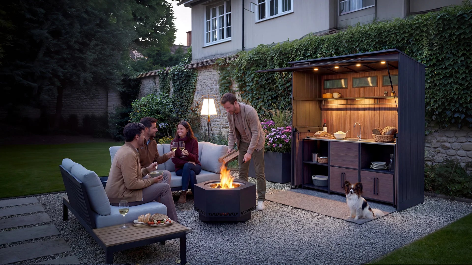 People gathered around a fire pit in a backyard with a modern outdoor kitchen.