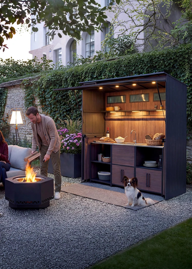 Outdoor kitchen with fire pit and man cooking, dog sitting nearby