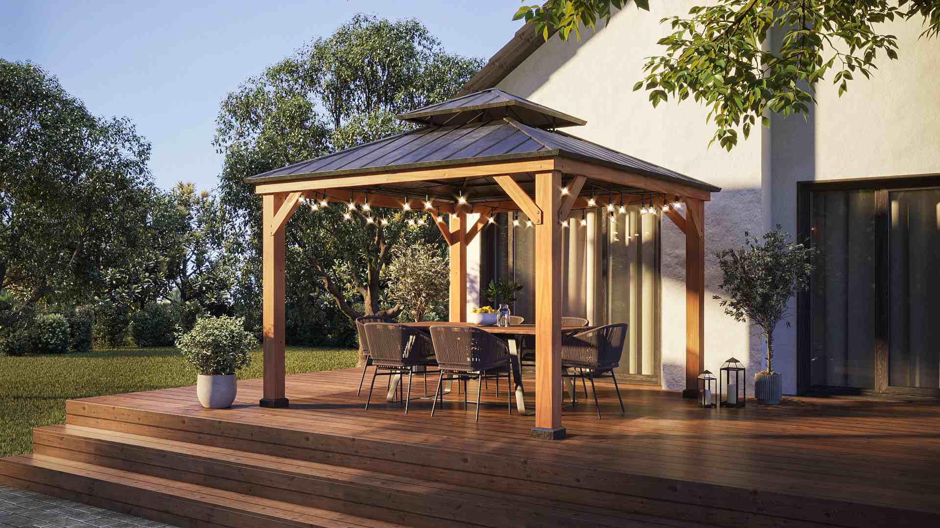 Create a comfortable outdoor dining area with sunjoy's wooden hardtop gazebo