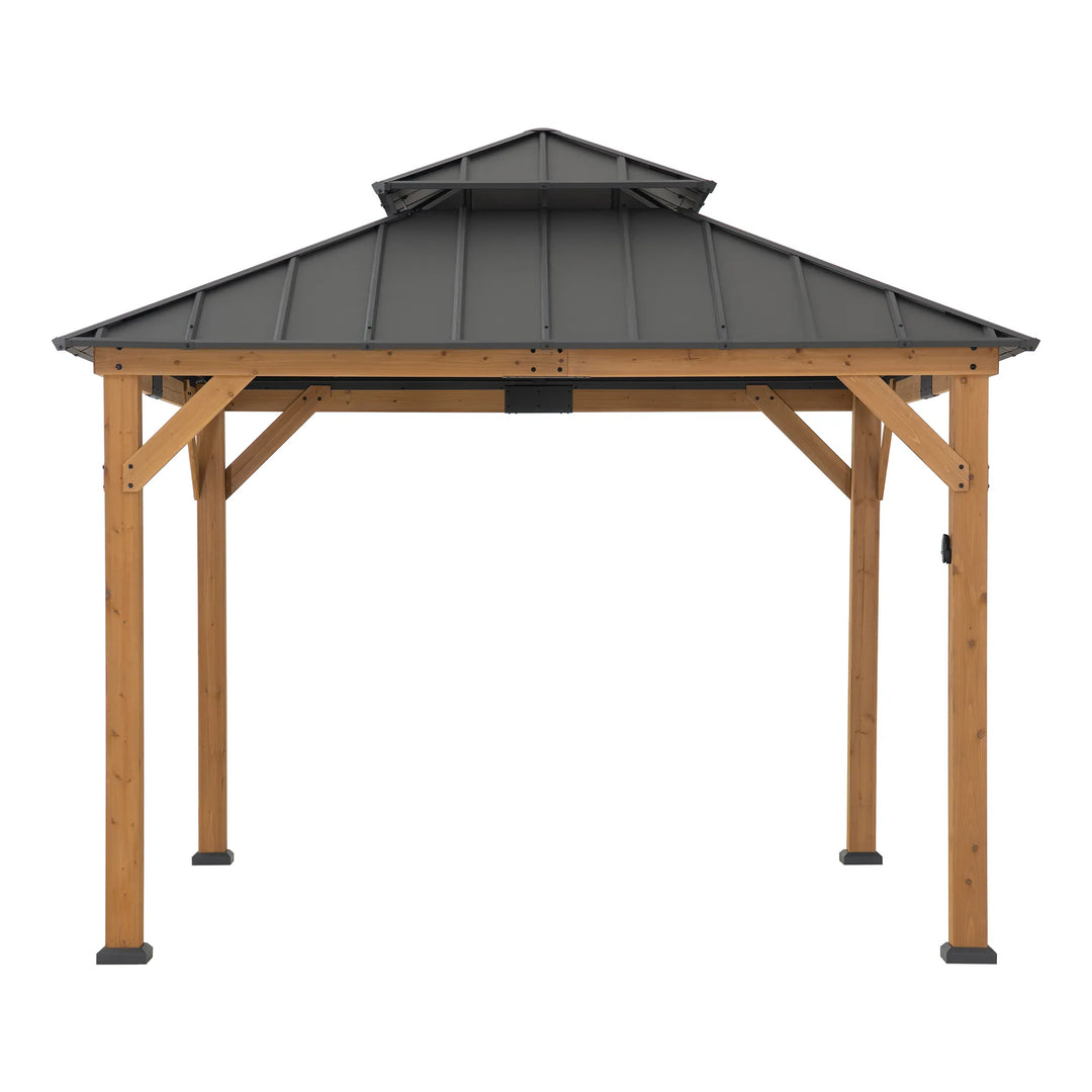 Wooden gazebo with a metal roof on a white background