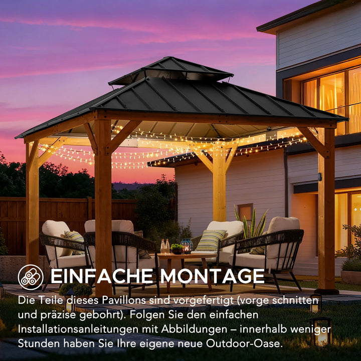 KAPS Solar LED Illuminated Wood Gazebo 330cm x 330cm - Anthracite