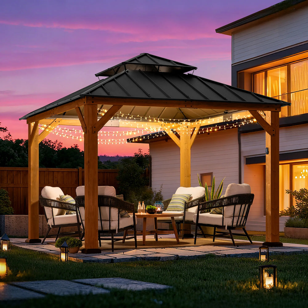 Cedar Wood Gazebo with Solar KAPS - 330cm x 330cm, Anthracite