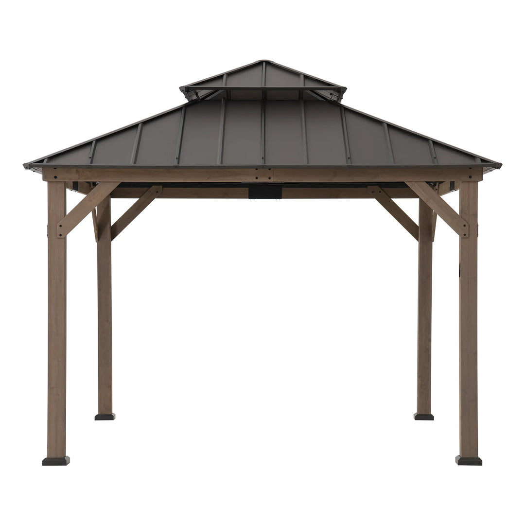 Wooden gazebo with a metal roof on a white background