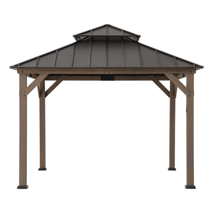 Wooden gazebo with a metal roof on a white background