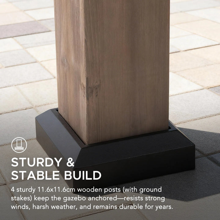 Wooden gazebo post with black base on a tiled patio, text about sturdiness and stability.