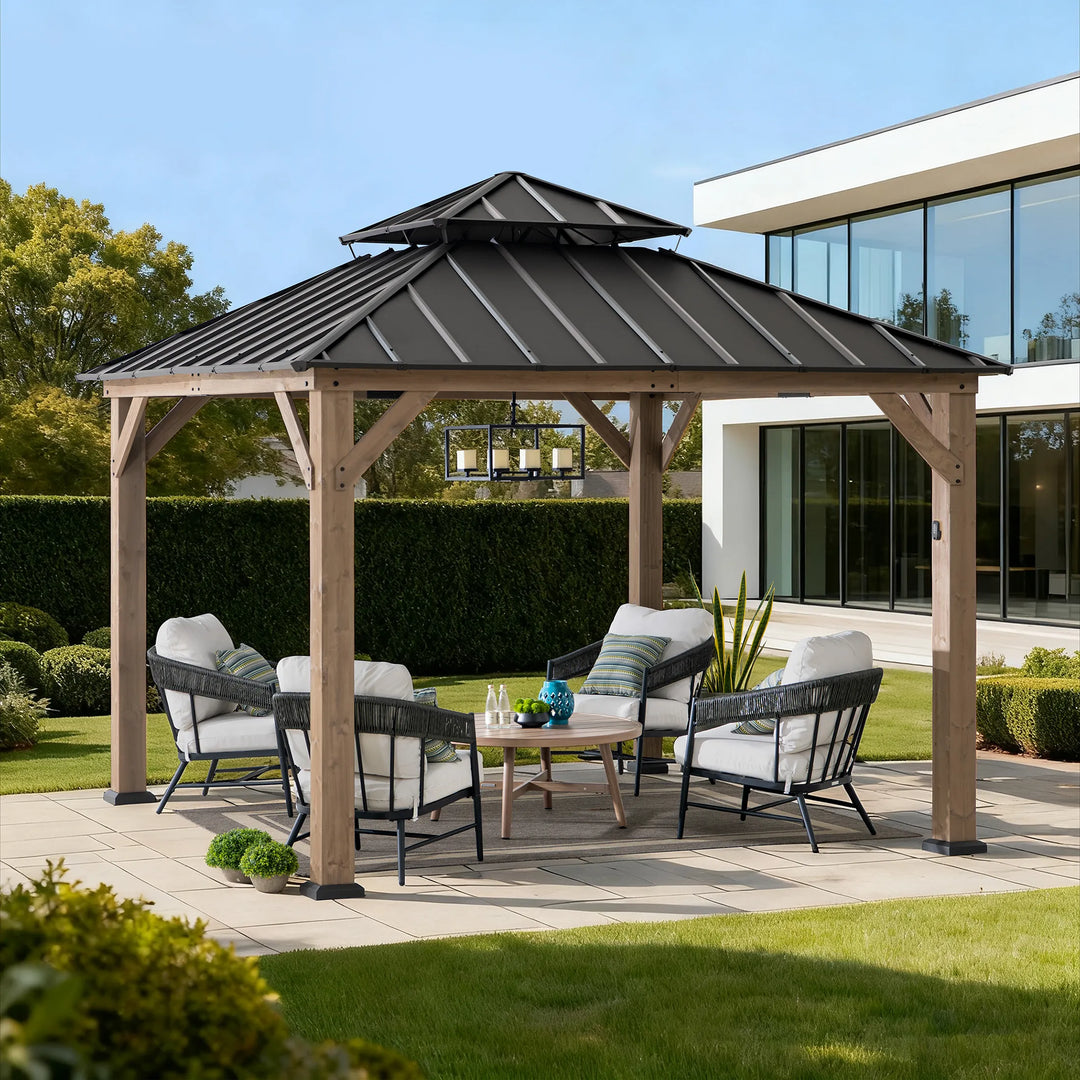 Patio with wooden gazebo, outdoor furniture, and modern house in the background