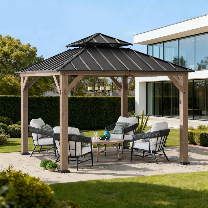 Patio with wooden gazebo, outdoor furniture, and modern house in the background