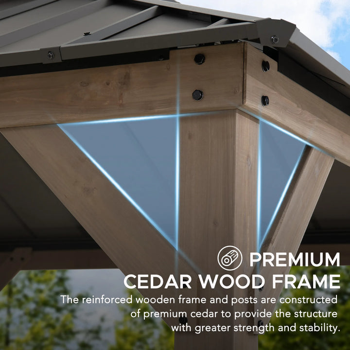 Close-up of a premium cedar wood frame with text highlighting its strength and stability.