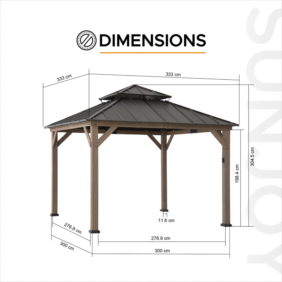 Dimensions of a wooden gazebo with measurements on a white background