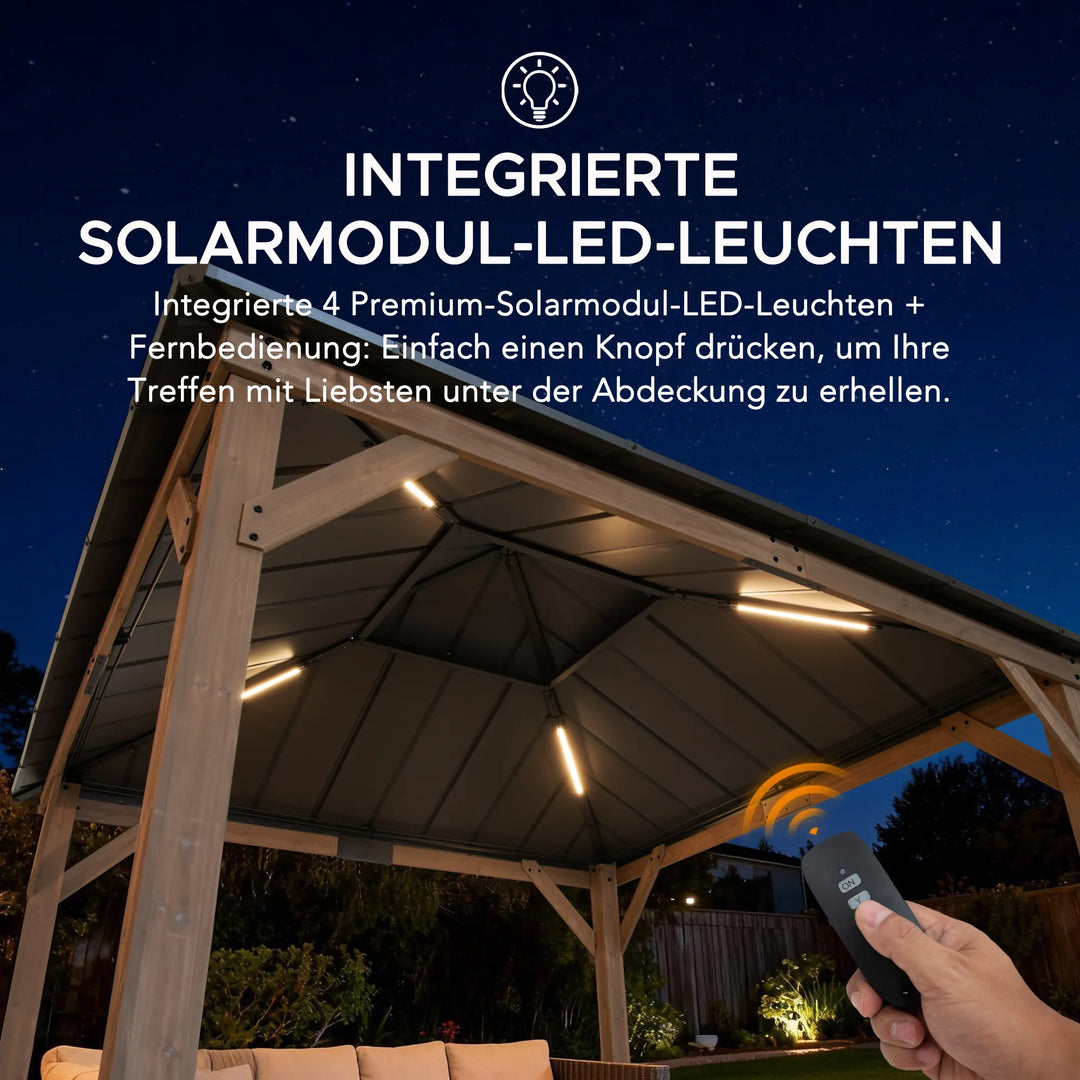 KAPS Solar LED Illuminated Wood Gazebo 330cm x 330cm - Dark Brown
