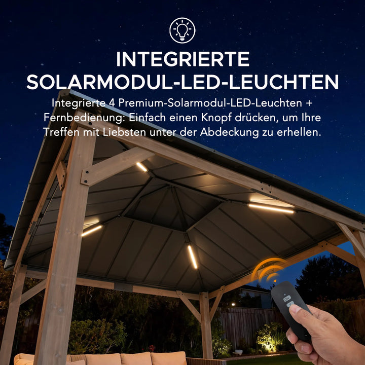 KAPS Solar LED Illuminated Wood Gazebo 330cm x 330cm - Dark Brown