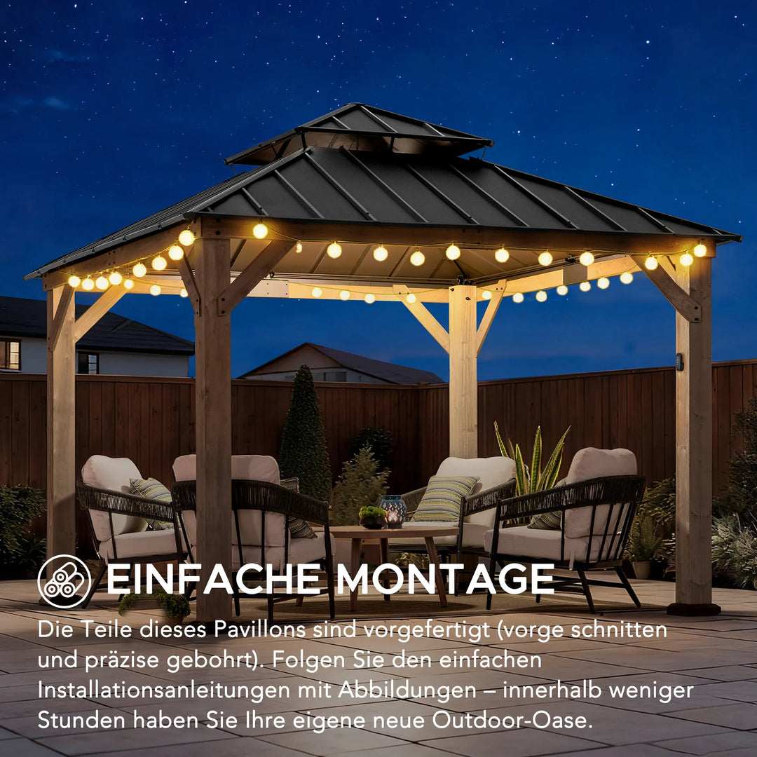 KAPS Solar LED Illuminated Wood Gazebo 330cm x 330cm - Dark Brown