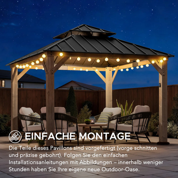 KAPS Solar LED Illuminated Wood Gazebo 330cm x 330cm - Dark Brown