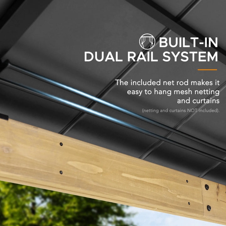 Wooden rail system with text about a built-in dual rail system for hanging mesh netting and curtains.