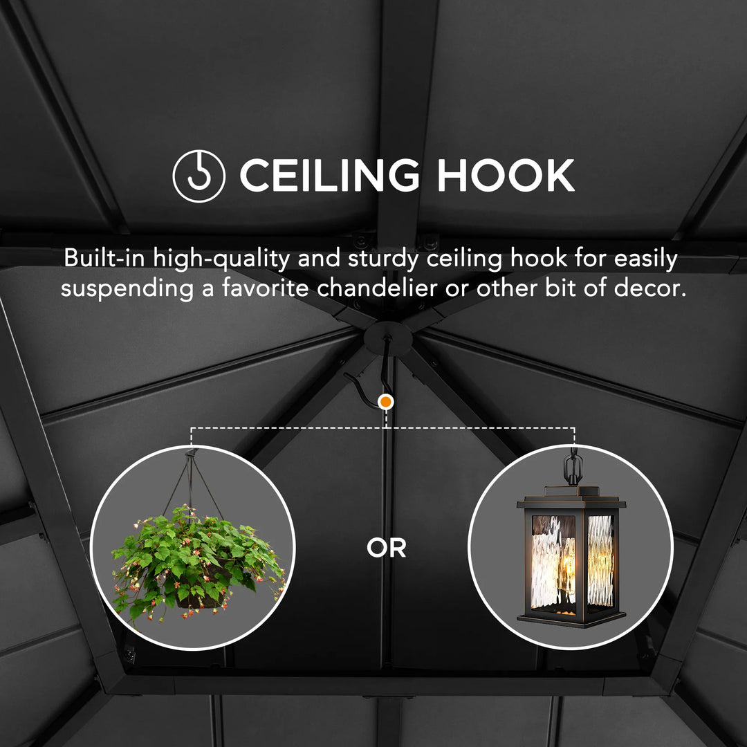 Ceiling hook feature with chandelier and plant decoration on a dark ceiling.