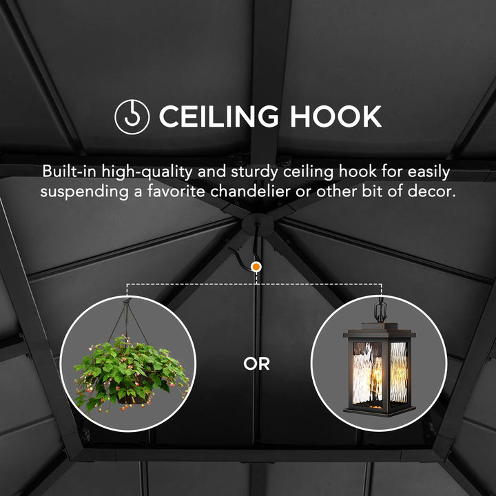 Ceiling hook feature with chandelier and plant decoration on a dark ceiling.
