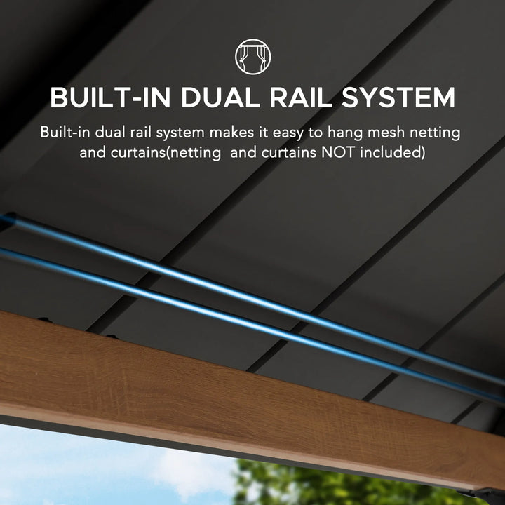Built-in dual rail system for hanging mesh netting and curtains on a wooden frame with text overlay.