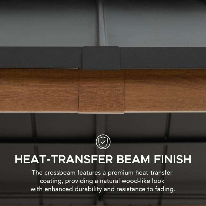 Wooden crossbeam with text describing heat-transfer beam finish