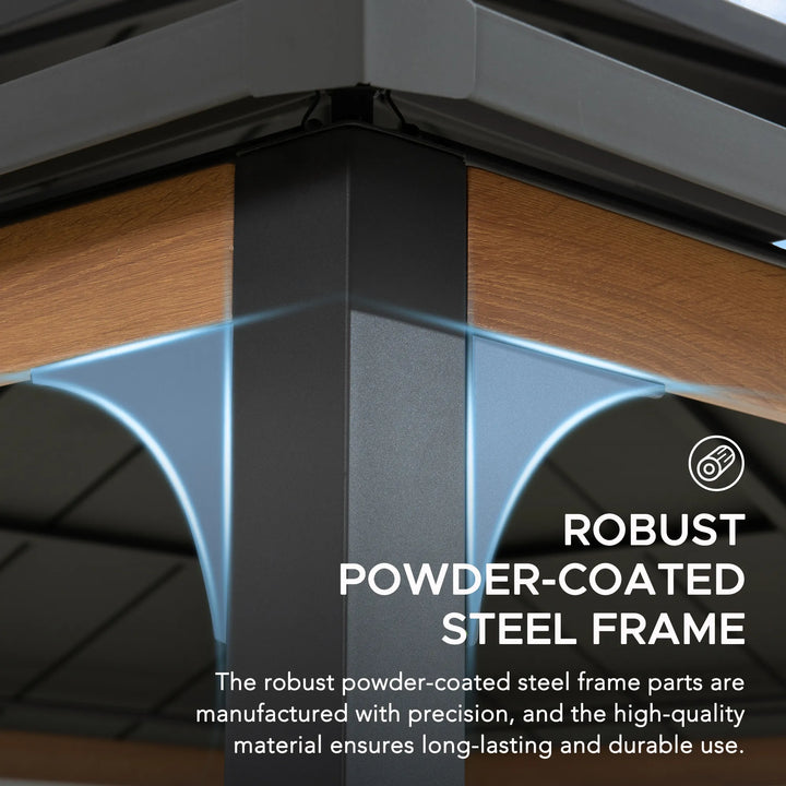 Robust powder-coated steel frame with wooden accents, highlighting durability.