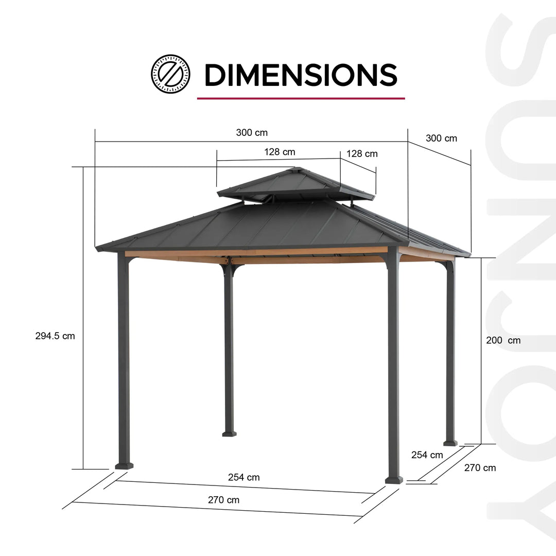 Dimensions of a garden gazebo with labeled measurements on a white background.