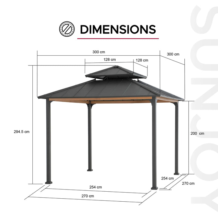 Dimensions of a garden gazebo with labeled measurements on a white background.