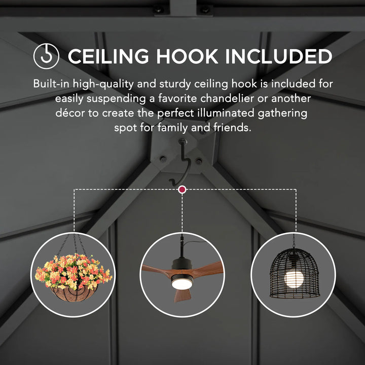 Ceiling hook included feature with illustrations of hanging decor items on a dark ceiling background.