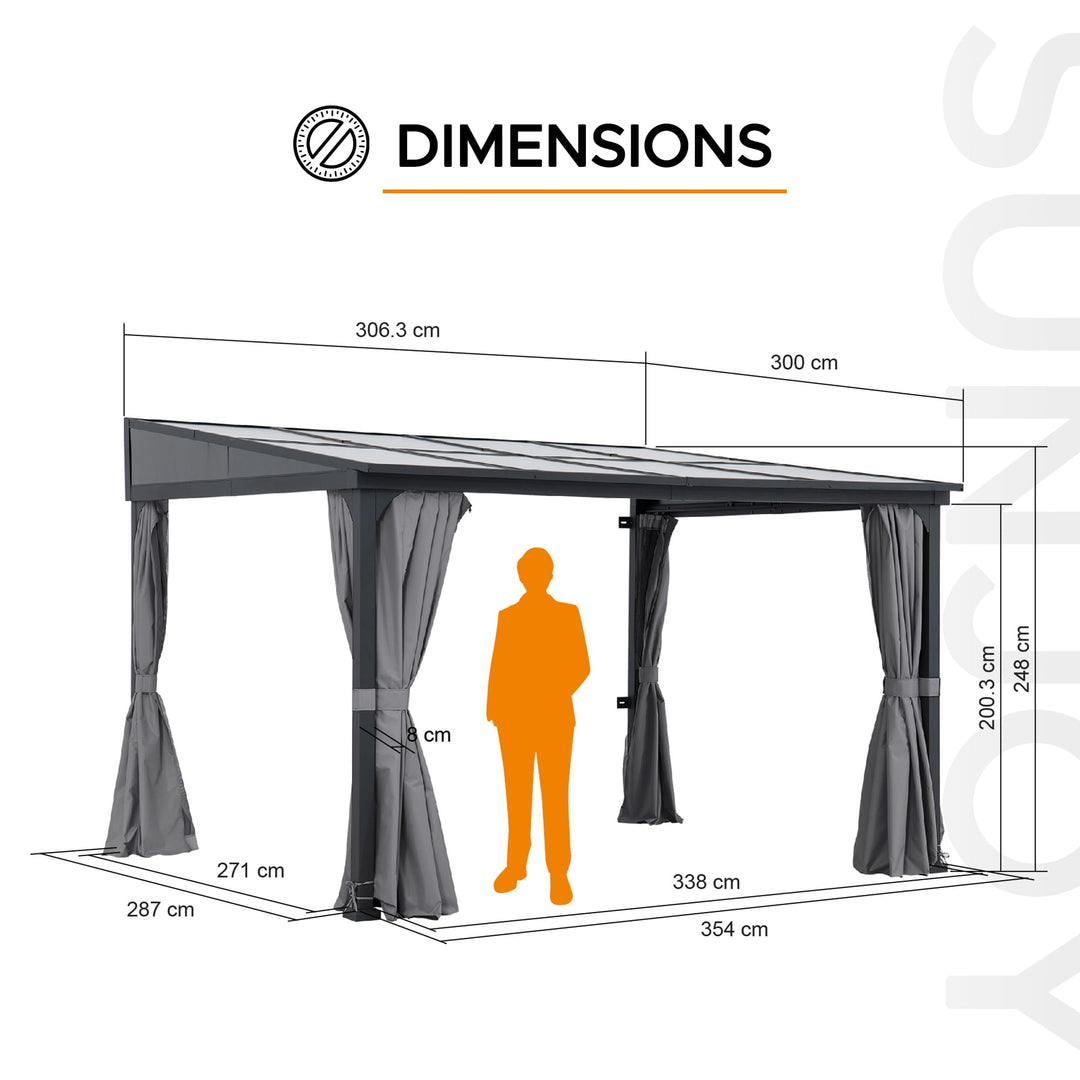 Stahl Wandpavillon MEIJE mit Vorhängen und Netz - 360cm x 300cm, schwarz 