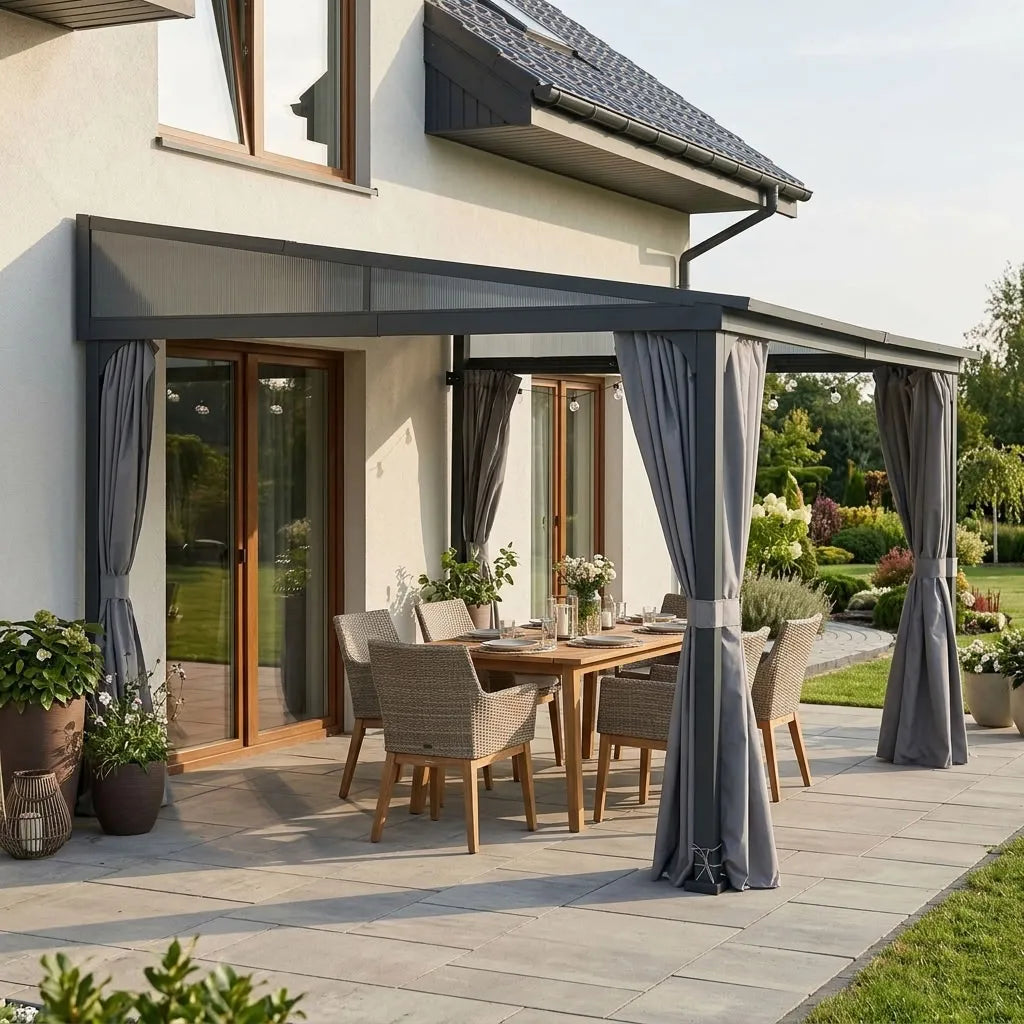 MEIJE Freestanding Wall Gazebo with Curtain and Netting 360cm x 300cm - Black