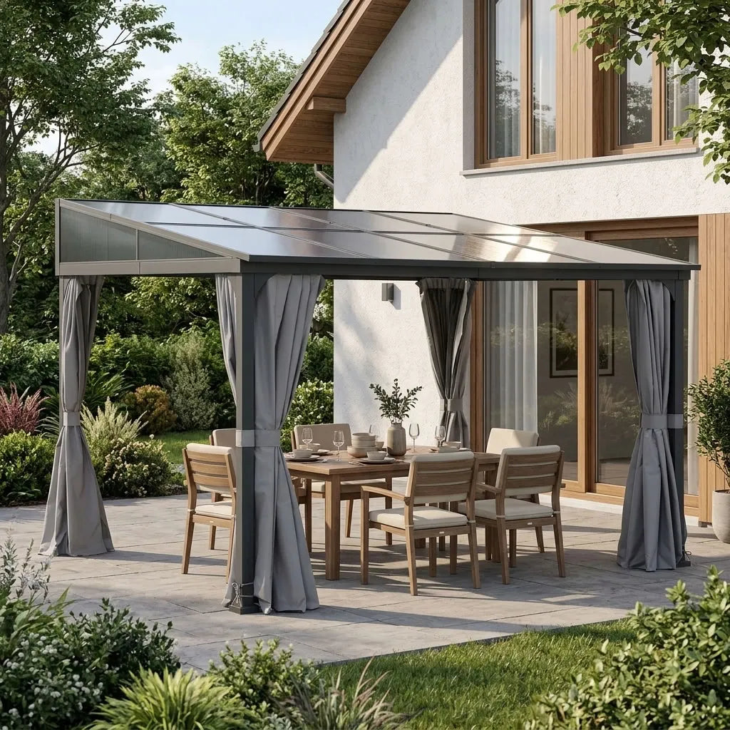 MEIJE Freestanding Wall Gazebo with Curtain and Netting 360cm x 300cm - Black