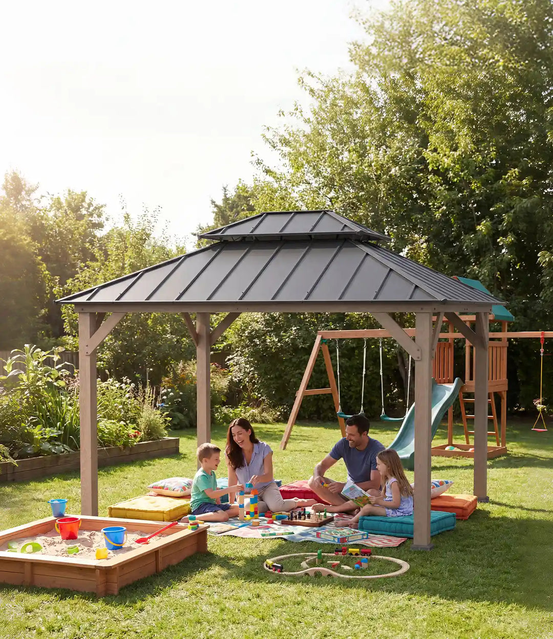 Family enjoying a picnic under a gazebo in a backyard with playground equipment.