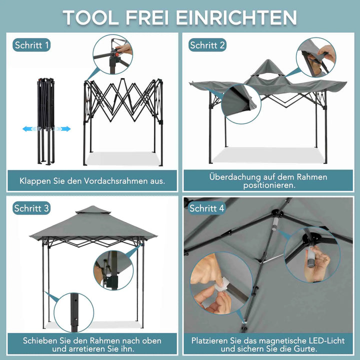 Portable Steel Grill Gazebo CINTO with LED Light - 160cm x 250cm, Grey