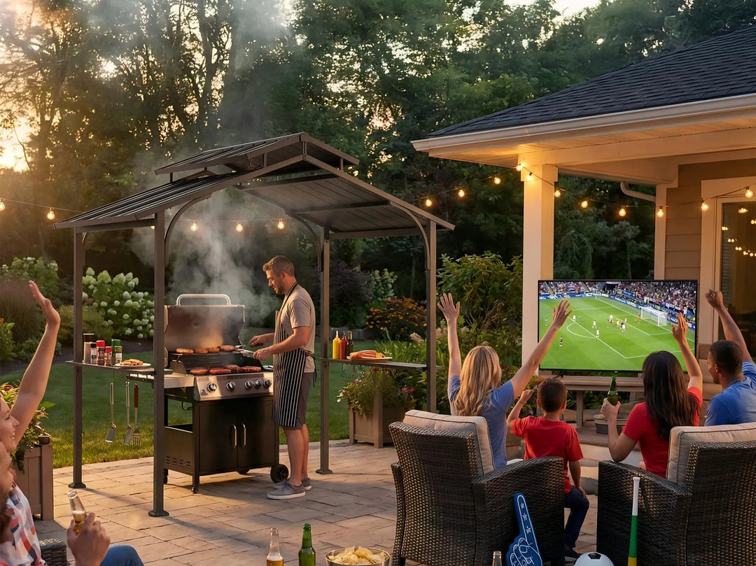 People enjoying a barbecue outdoors with a TV displaying a sports event.