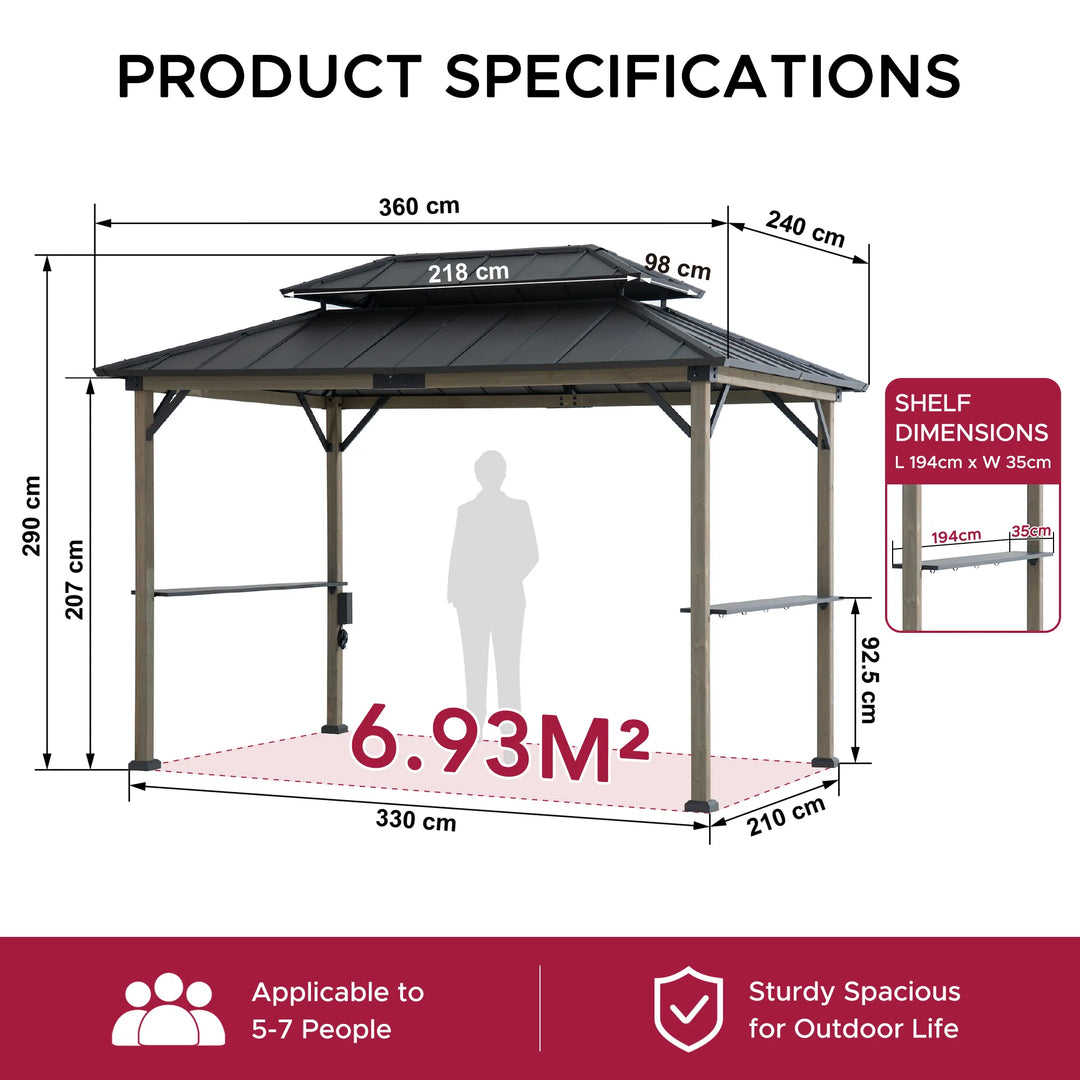 Wood Grill Gazebo with Electrical Outlets &amp; Shelves - 360x240cm, Brown
