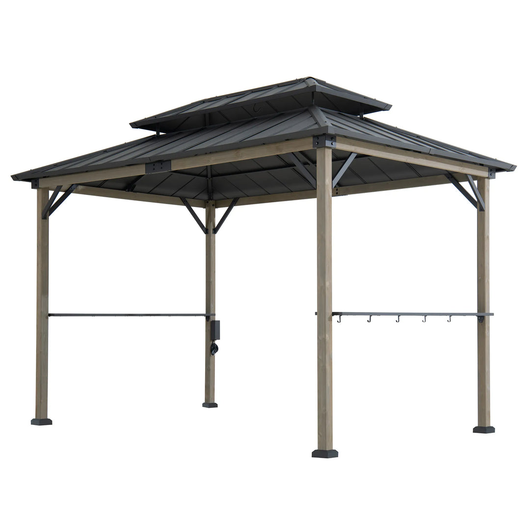 Outdoor gazebo with a roof and light brown frame on a white background
