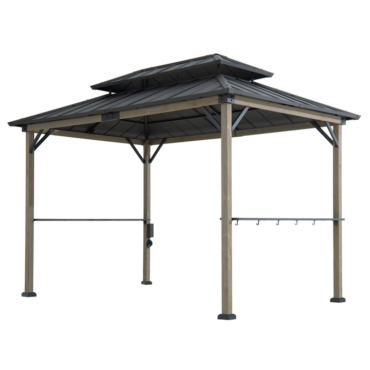 Outdoor gazebo with a roof and light brown frame on a white background