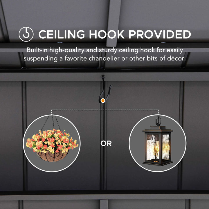 Black cabinet with ceiling hook feature for hanging decor items on a gray background