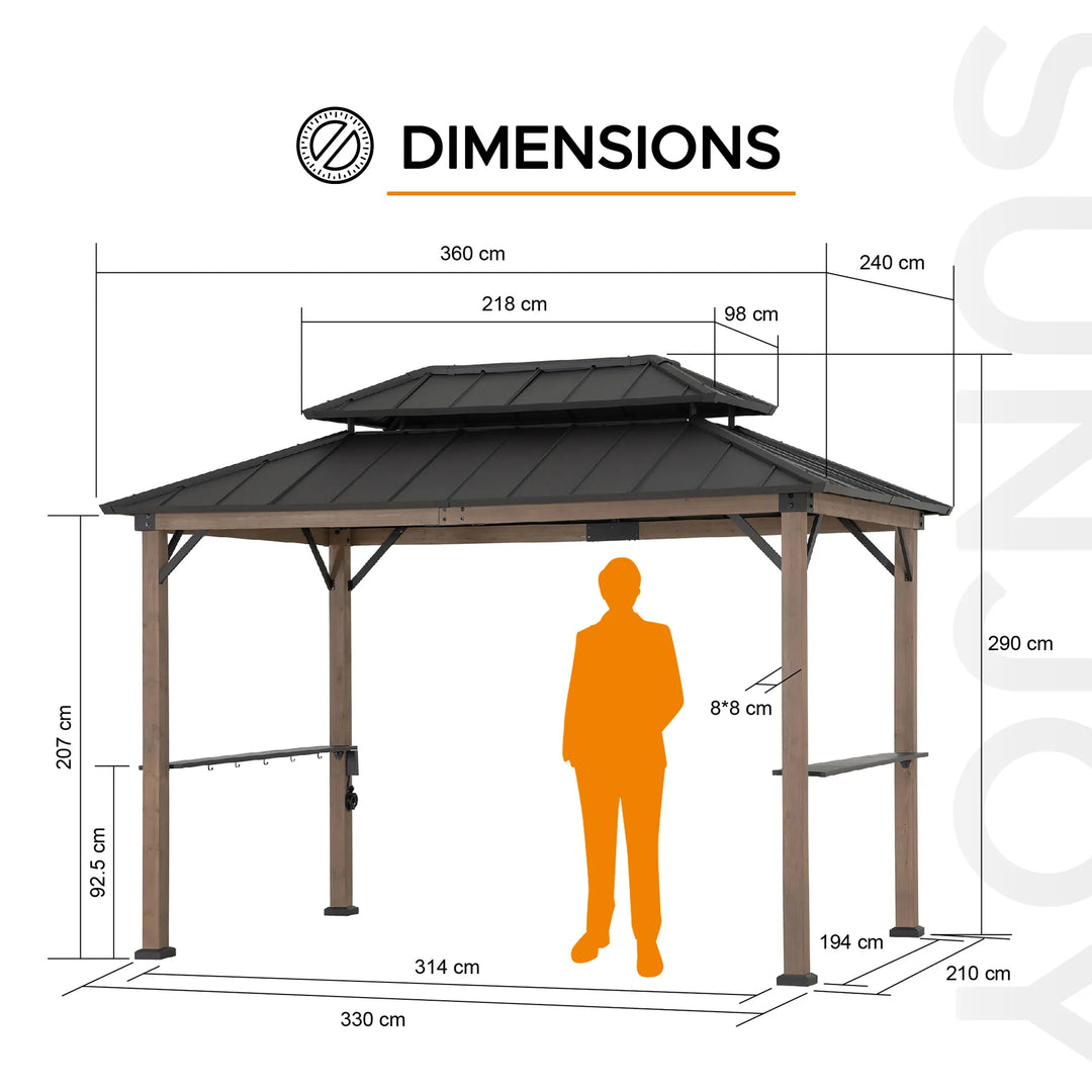 Garden gazebo with dimensions labeled on a white background