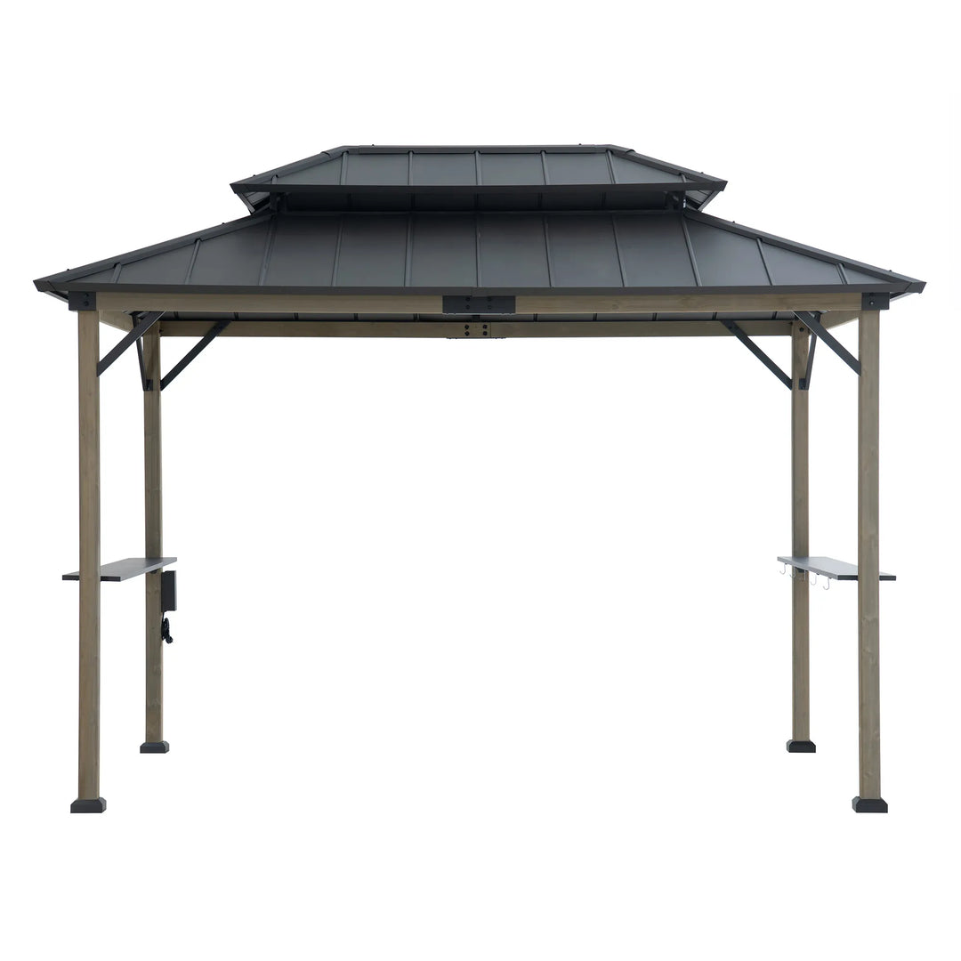 Grill gazebo with a metal roof on a white background