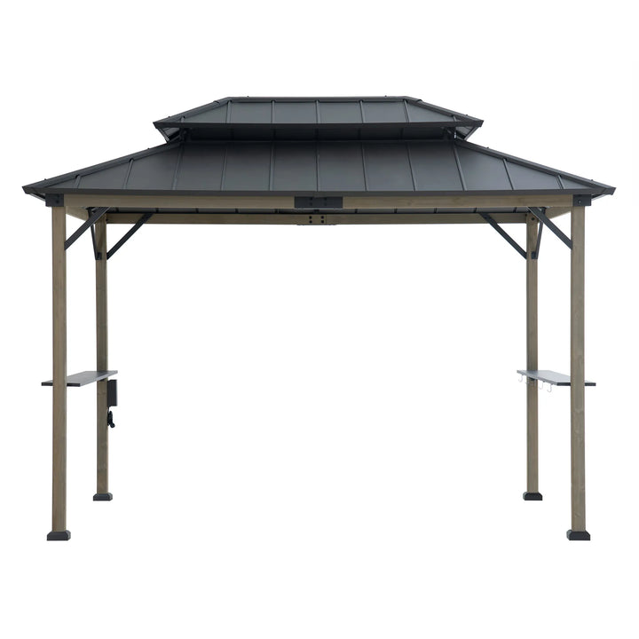 Grill gazebo with a metal roof on a white background