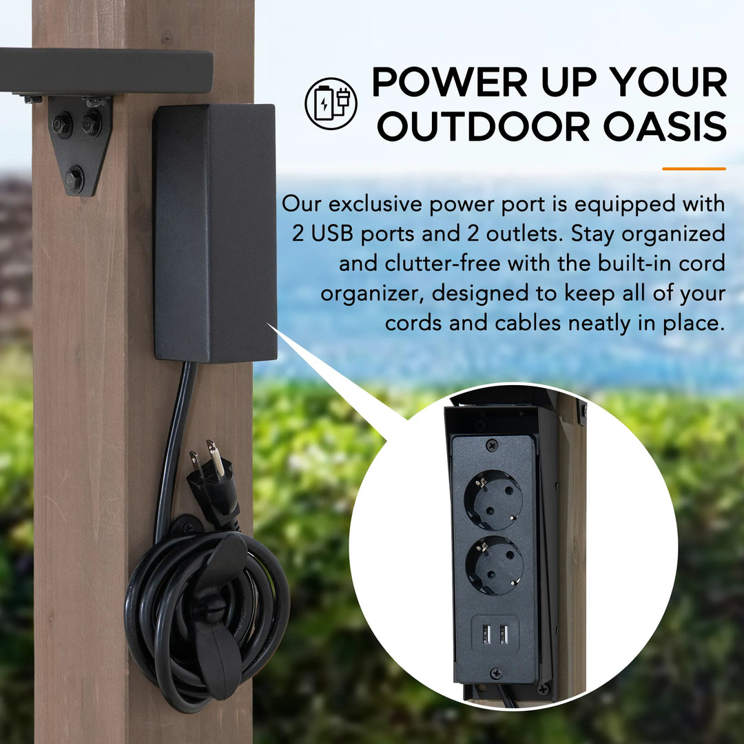 Outdoor power port with USB ports and outlets on a wooden post, surrounded by greenery.