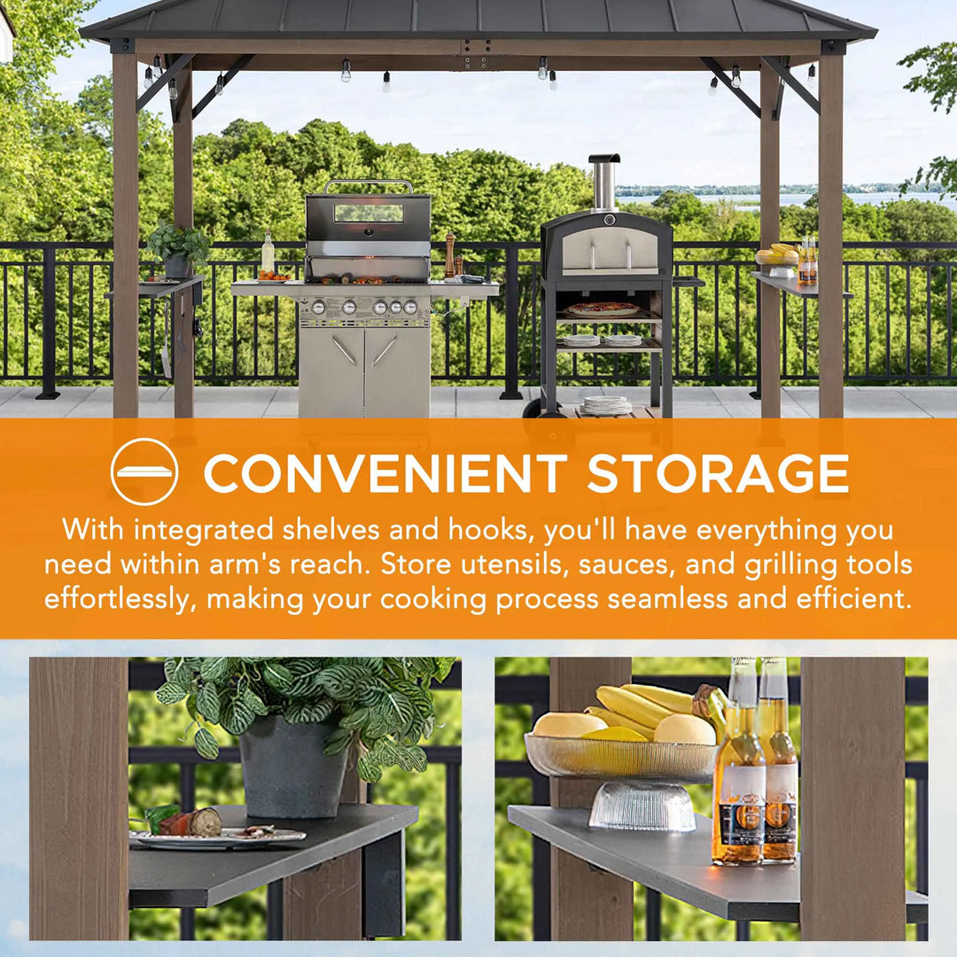 Outdoor kitchen with grill and storage shelves on a deck with greenery in the background.