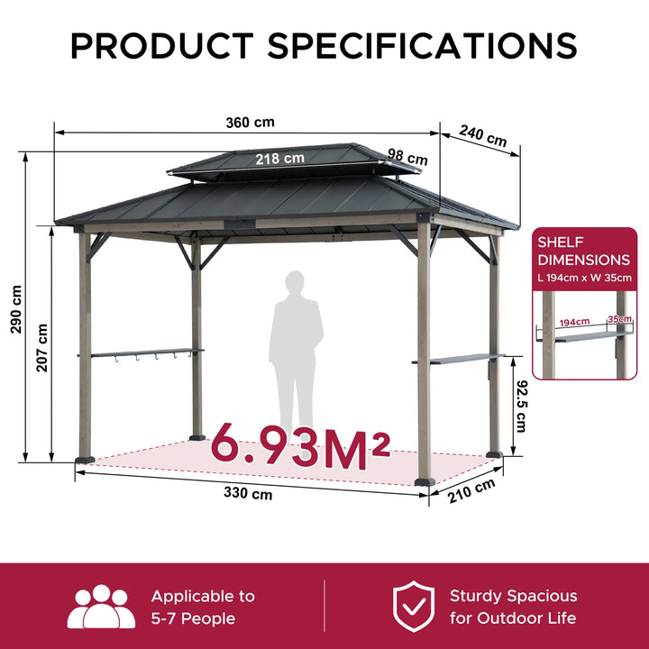 Wood Grill Gazebo with Electrical Outlets &amp; Shelves - 360x240cm, Anthracite