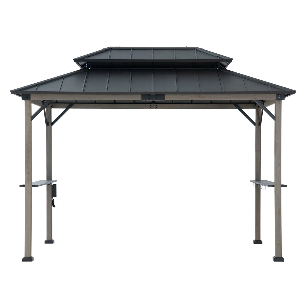 Grill gazebo with a metal roof on a white background